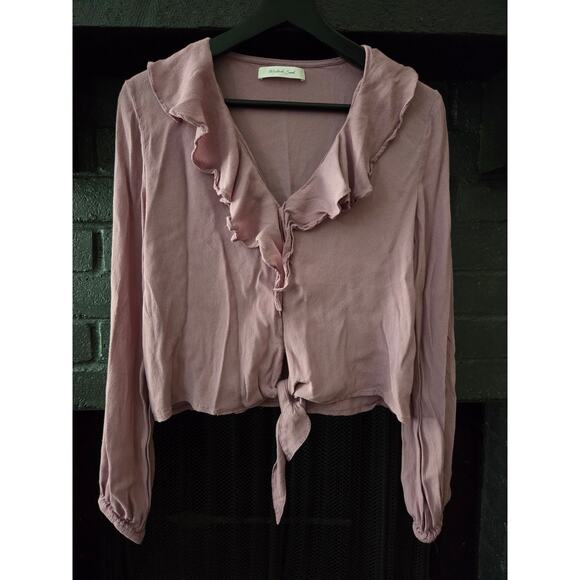 Mustard Seed Blush Mauve Colored Long sleeve Front Tie Cropped Blouse size S - Picture 1 of 8